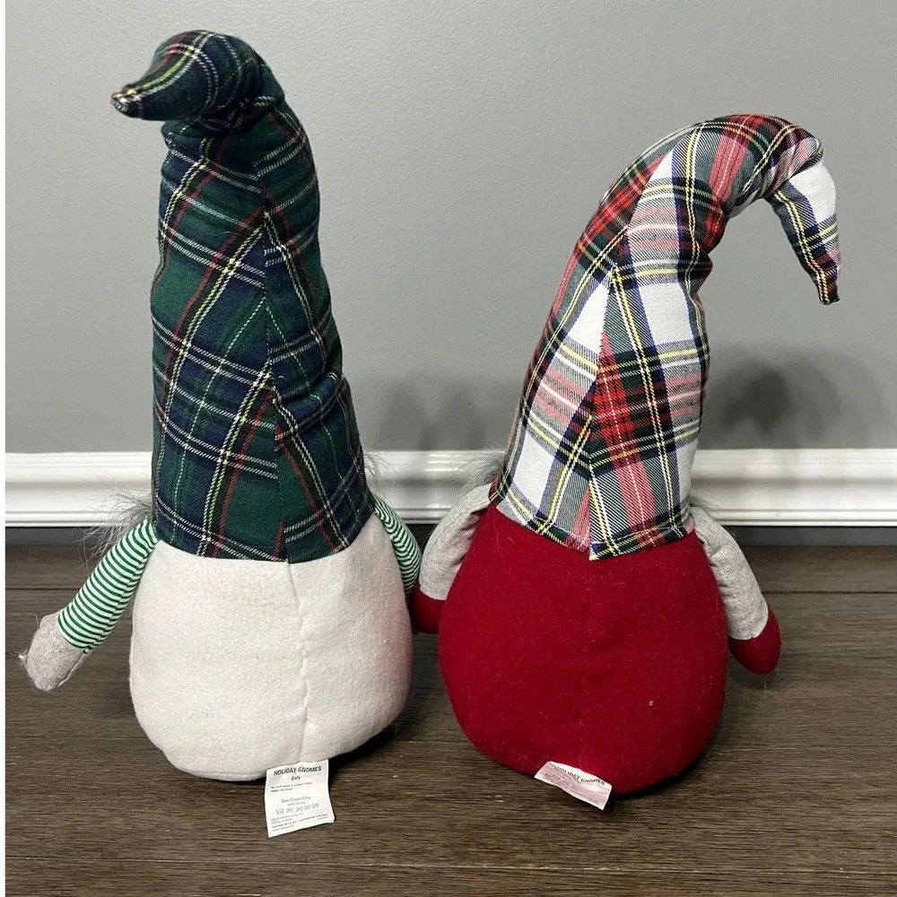 Holiday Gnomes Christmas Plush Shelf Sitters‎ Decor Plaid Hats Set of 2